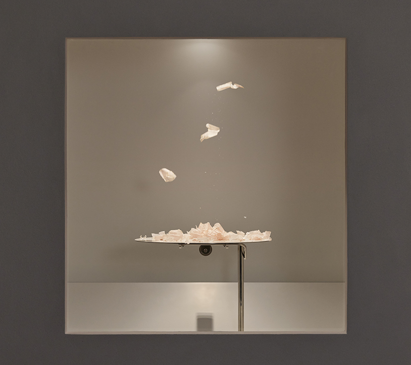A kinetic installation shaped by shaved bonito flakes forms a continuous display system