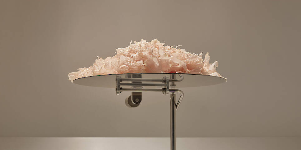 A kinetic installation shaped by shaved bonito flakes forms a continuous display system