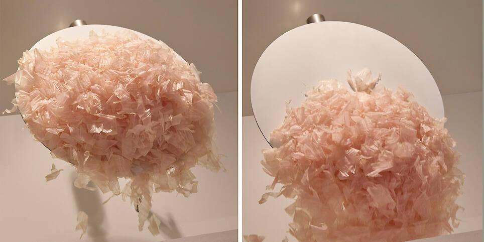 A kinetic installation shaped by shaved bonito flakes forms a continuous display system