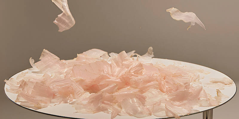 A kinetic installation shaped by shaved bonito flakes forms a continuous display system