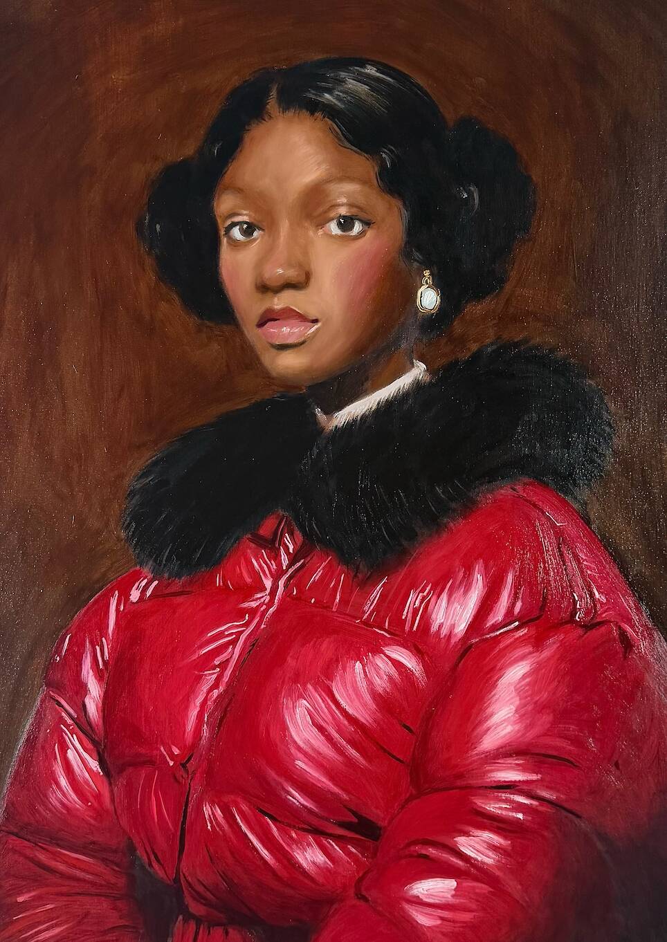 Women Sport Puffer Coats in Bold Baroque Portraits by Nieves González