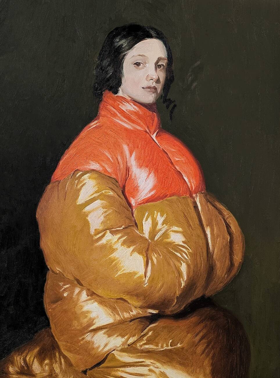 Women Sport Puffer Coats in Bold Baroque Portraits by Nieves González