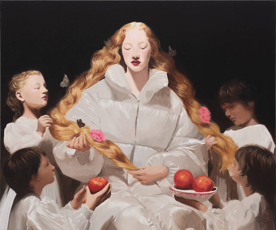 Women Sport Puffer Coats in Bold Baroque Portraits by Nieves González