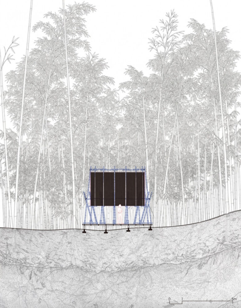 A black fabric veil hovers within a raw bamboo matrix in hubei’s dense grove