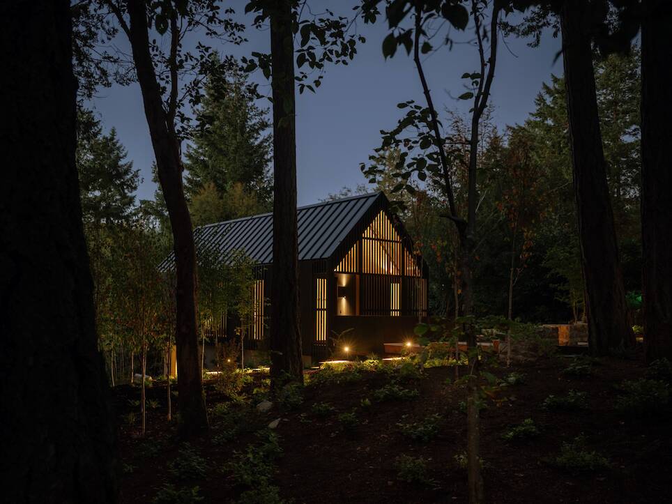 A small modern cabin, known as the Little Giant forest studio, with illuminated windows sits among tall trees in a wooded area at dusk