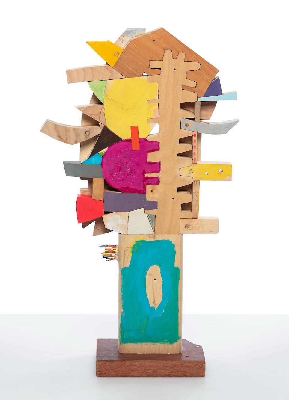 “Dancing in the Club” (2026), wood, paint, mirror, ink, pencil, glue, 18.5 x 10.5 x 4 inches