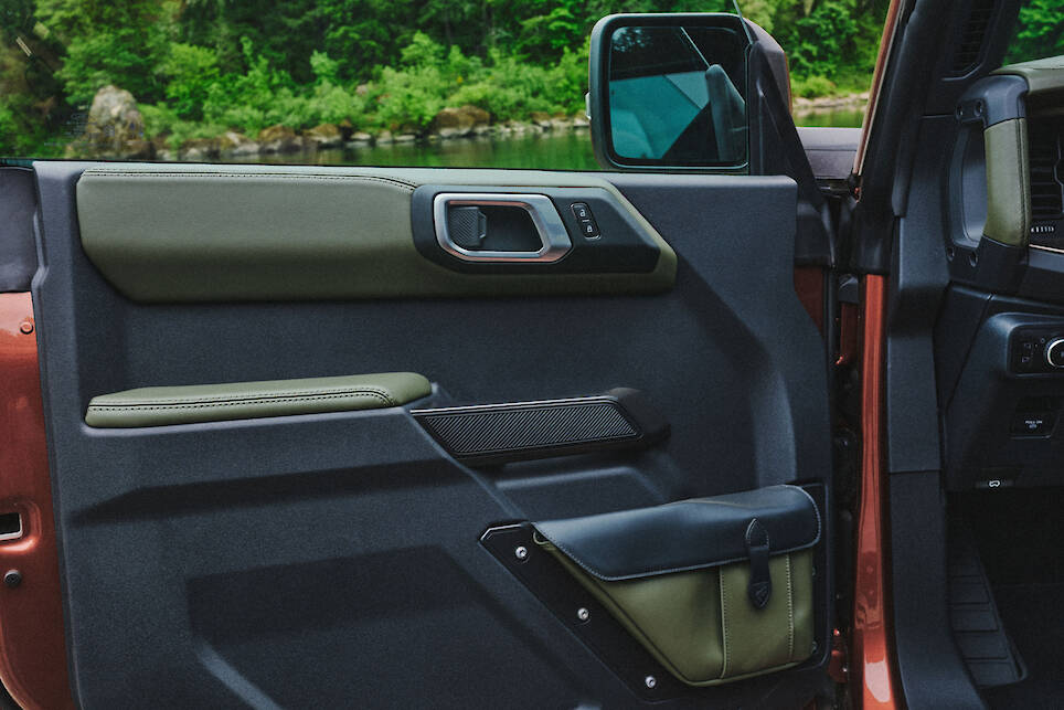 The interior of a car door with green and black paneling, visible handle, armrest, window controls, and side mirror, with greenery and water outside