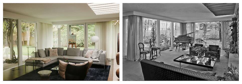 Webber’s original vision remains largely intact in many of the spaces including the living room (pictured right in the 1950s, and left in its current state)