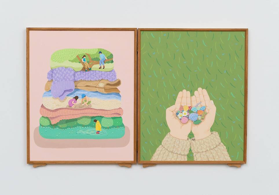 Danym Kwon, “What We Hold Dear” (2026), acrylic gouache on canvas in cherry wood foldable frame, 20.5 x 33.1 inches