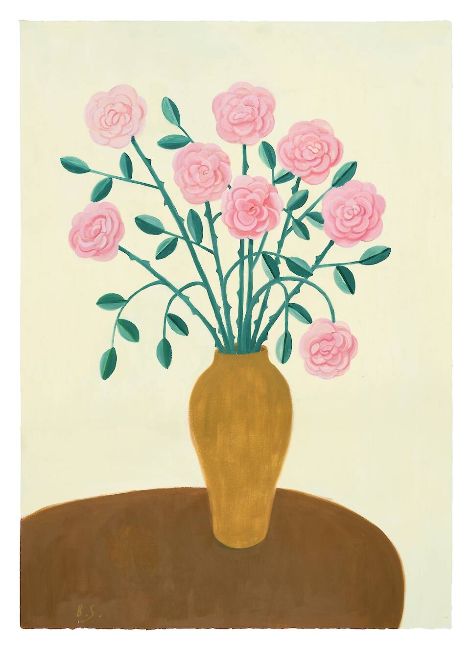 “Eight Pink Roses” (2025), oil paint on paper, 106 x 75 centimeters