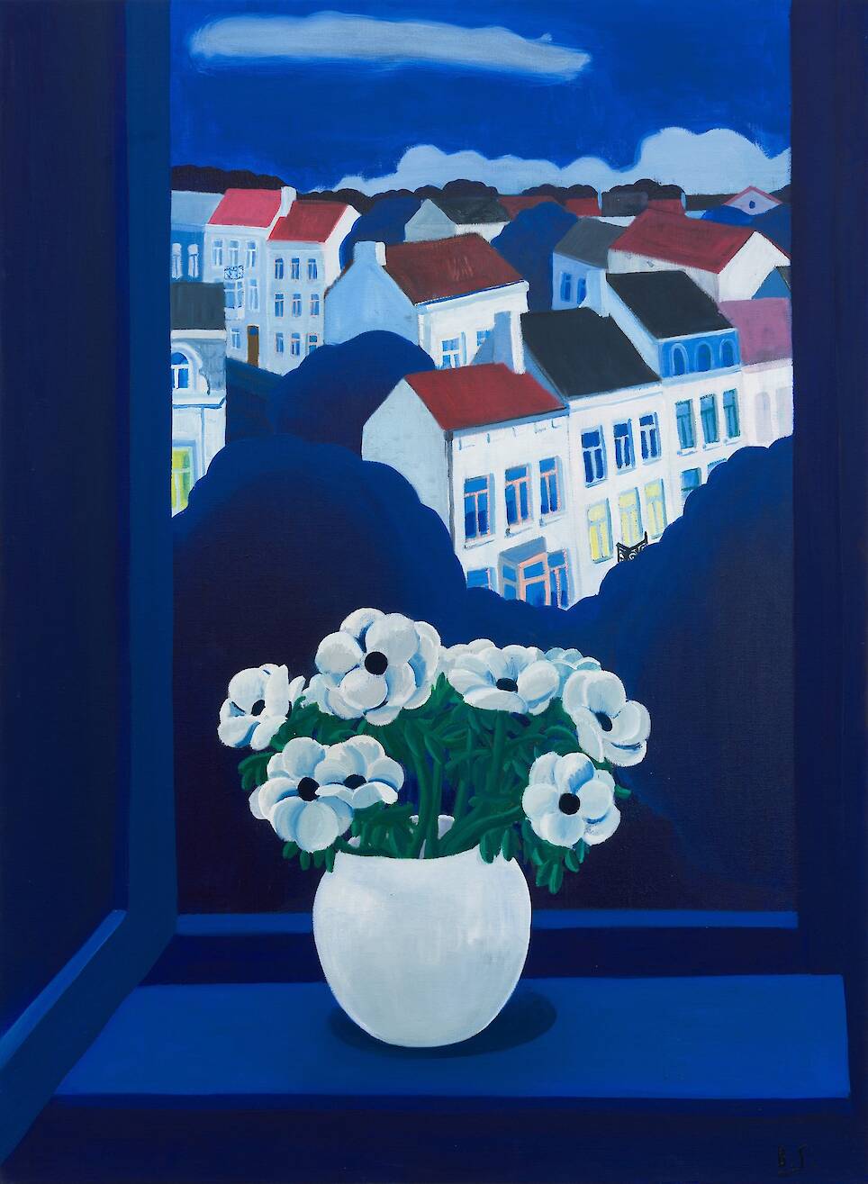“Blue Window White Flowers” (2025), oil and acrylic on canvas, 115 x 85 centimeters