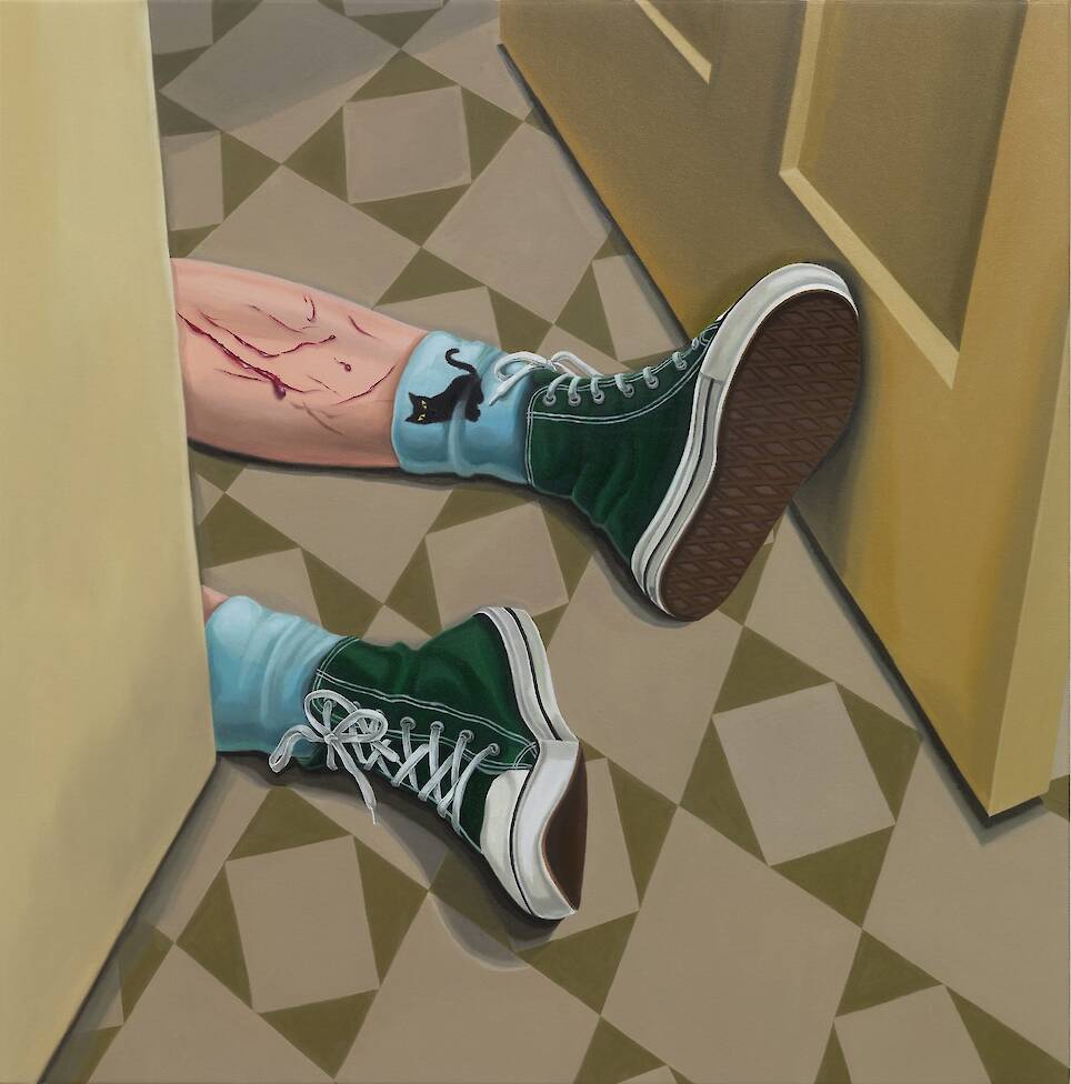 “Cat Sock” (2024), oil on canvas, 100 x 100 centimeters