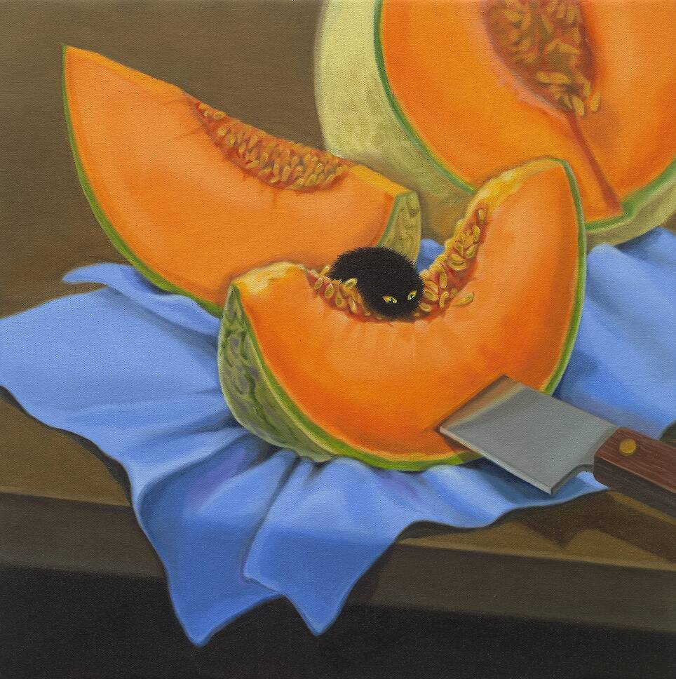 “Chopped Melon” (2024), oil on canvas, 40 x 40 centimeters