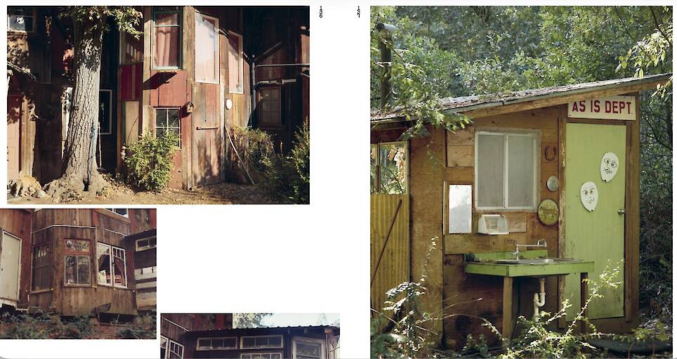 a digital version of a spread of photographs from 'Handmade Utopia' featuring a collage of photos of hand-built redwood structures in the Northern California woods