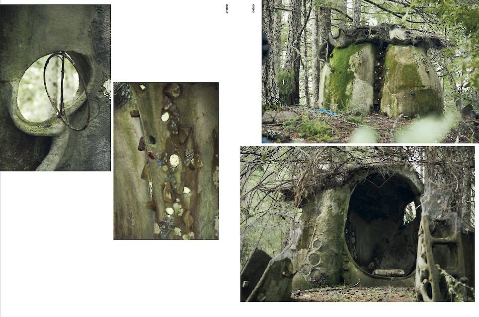 a digital version of a spread of photographs from 'Handmade Utopia' featuring a hand-built house that resembles a neolithic structure