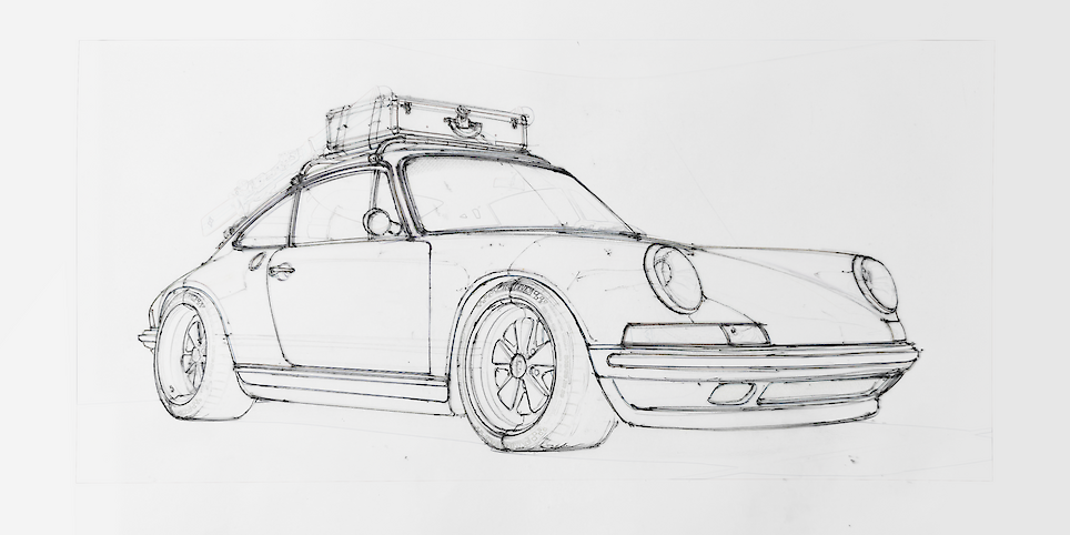 Black and white sketch of a classic Singer Porsche 911 with a roof-mounted suitcase. The car is drawn from a front side angle, showing detailed wheels and body lines, complement