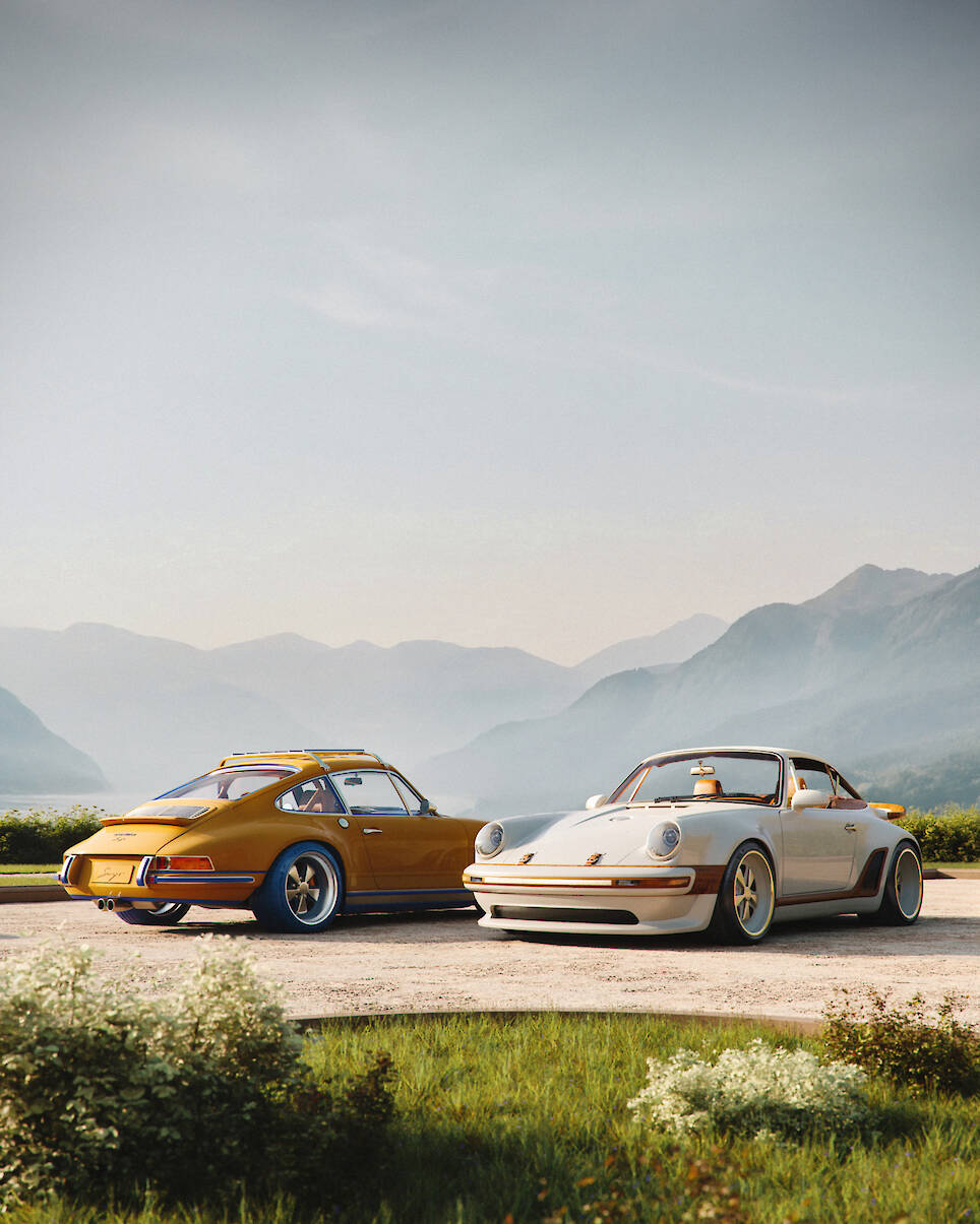Two vintage-style sports cars, including a Singer-inspired Louis Vuitton Porsche 911 in yellow and a classic white model, are parked side by side on a paved area with mountains