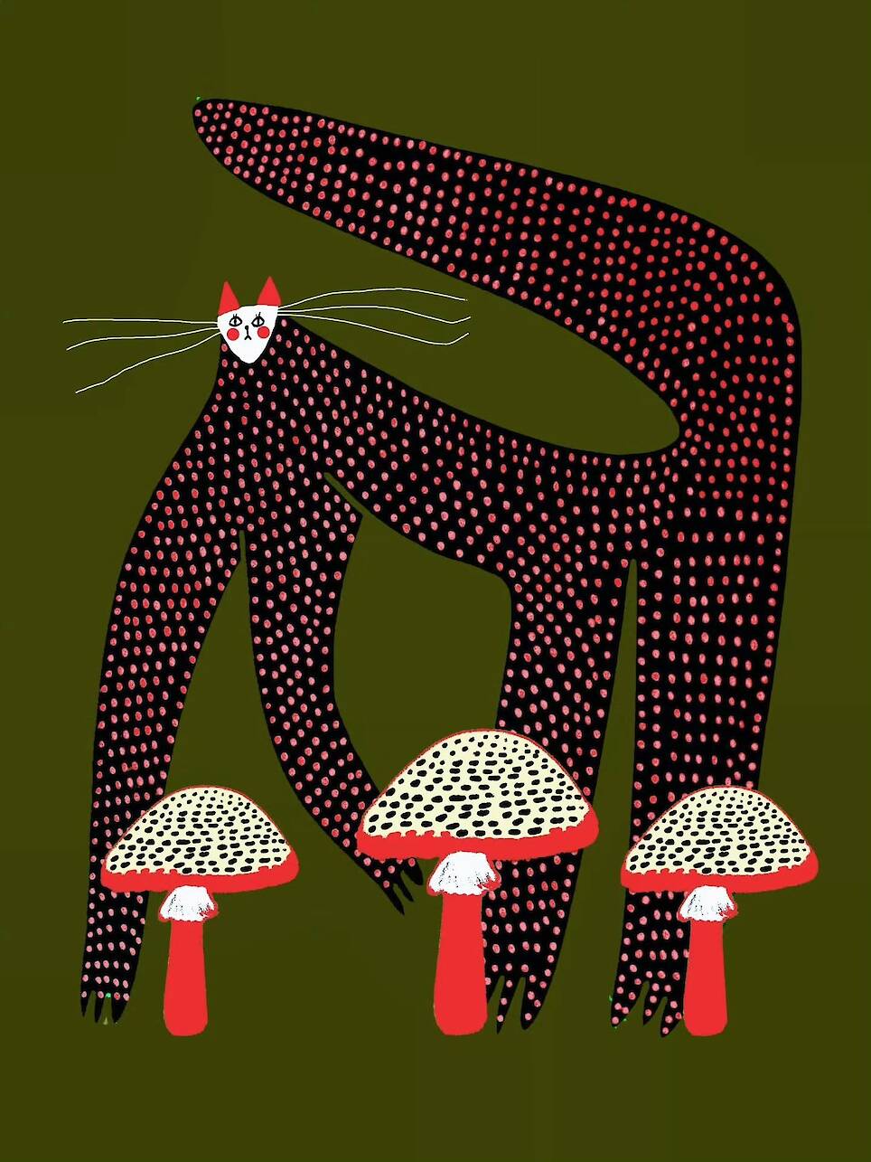 an illustration by ashley percival of a colorful patterned cat in front of mushrooms