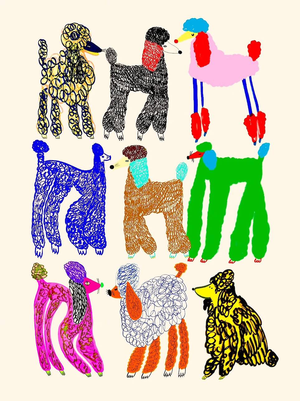 an illustration by ashley percival of a collection of poodles made of colorful patterns