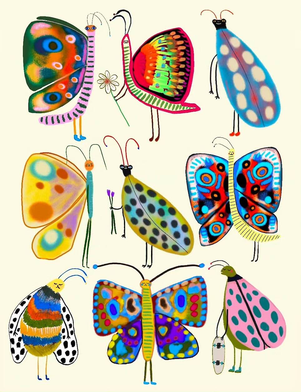 an illustration by ashley percival of a collection of insects made of colorful patterns