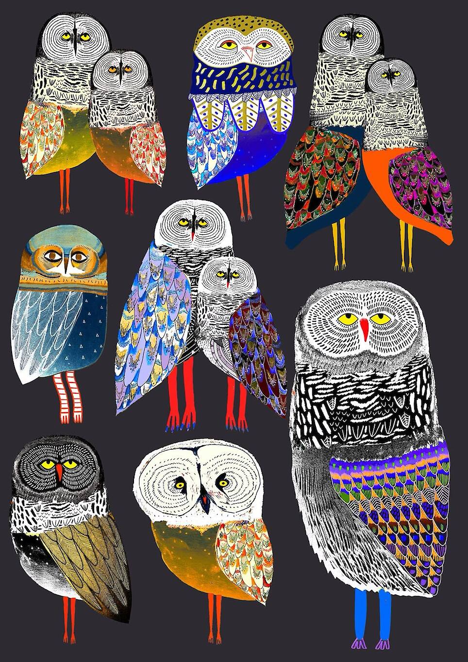 an illustration by ashley percival of a collection of owls made of colorful patterns