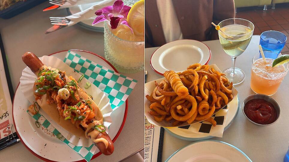 Side-by-side photos of a hot dog topped with kimchi and a plate of curly fries and two cocktails