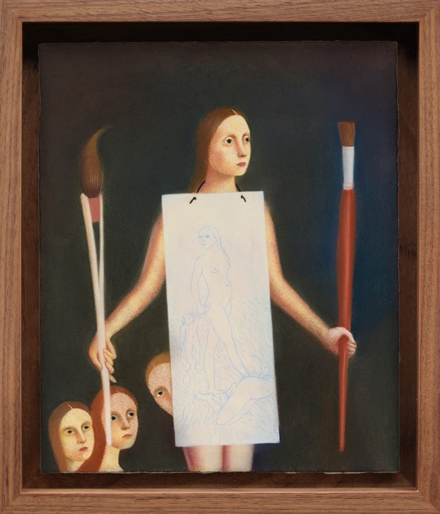 “The Painter” (2026), pastel on paper, 9 7/8 x 8 1/4 inches