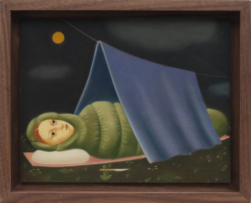 “Tent” (2025), pastel on paper, 8 x 10 1/4 inches