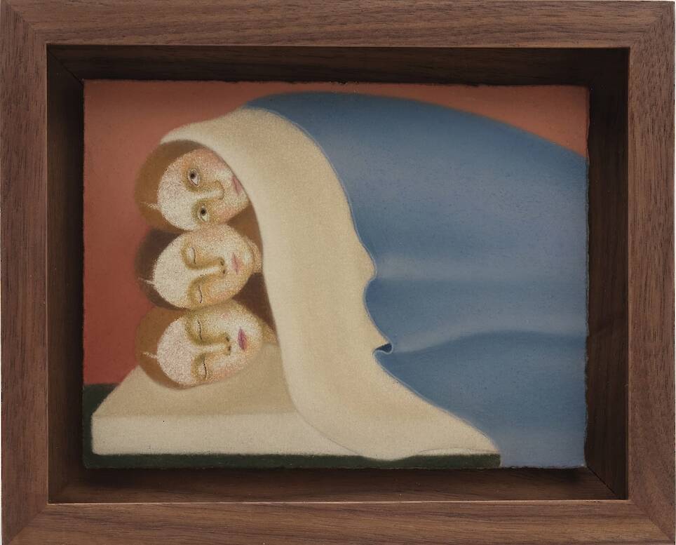 “Three heads in a bed” (2025), pastel on paper, 4 1/4 x 5 5/8 inches