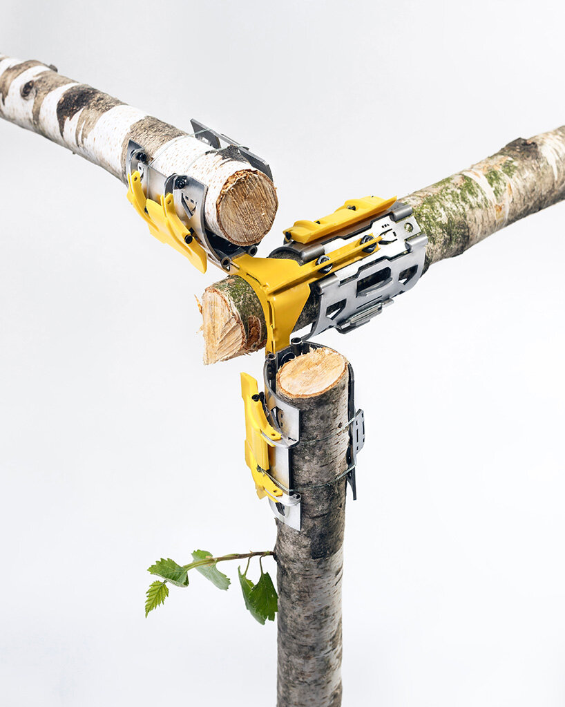 three-axis joint connects raw tree branches without screws for self-building structures - 9