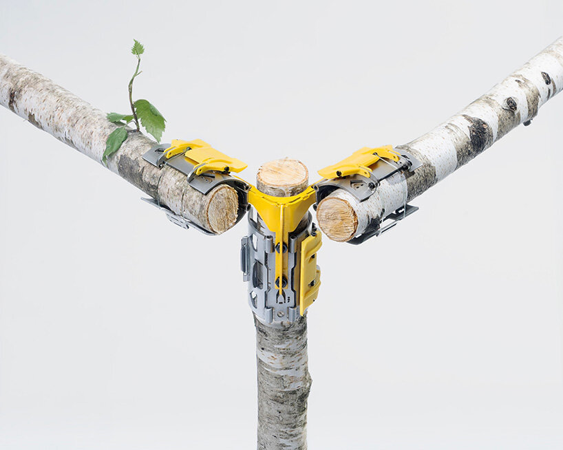 three-axis joint connects raw tree branches without screws for self-building structures - 3