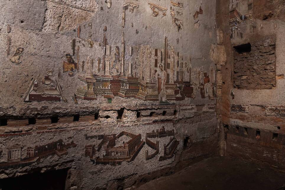 fragments of a conserved ancient Roman mosaic, in situ underground where it was discovered in Rome