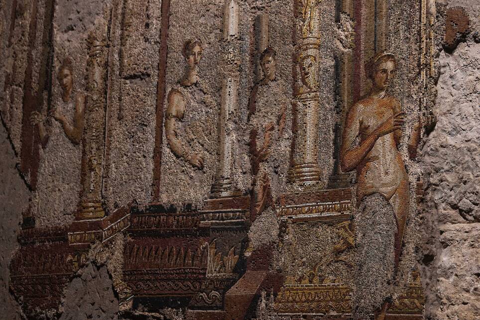 fragments of a conserved ancient Roman mosaic, in situ underground where it was discovered in Rome