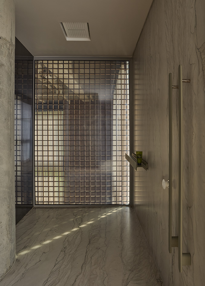 interior of Medellín apartment, tall ceilings, contemporary design, timber lattices