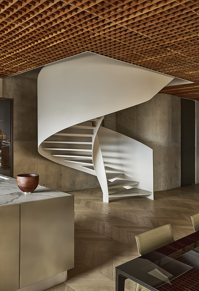 interior of Medellín apartment, tall ceilings, contemporary design, timber lattices
