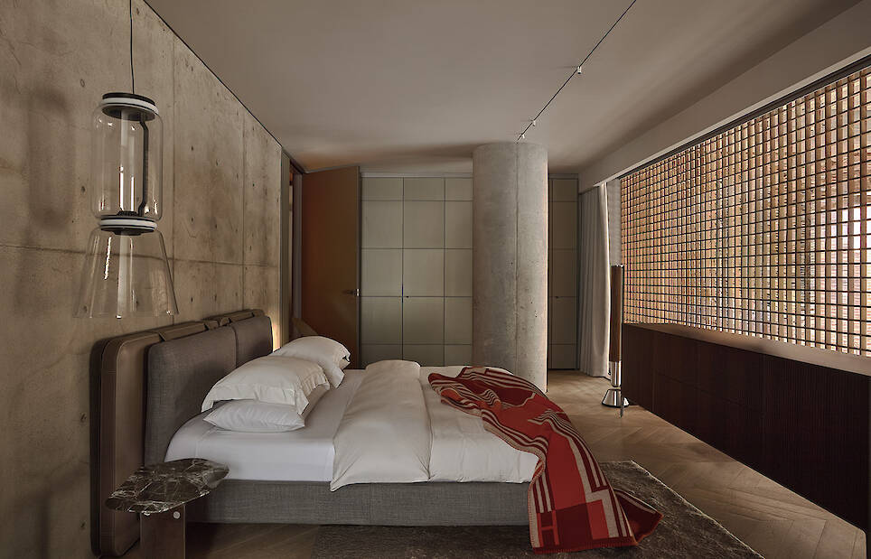 interior of Medellín apartment, tall ceilings, contemporary design, timber lattices