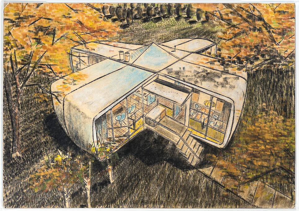 <p>Kyu Lee of Hamilton & Goody Architects, Monsanto House of the Future, (presentation rendering), 1956</p>