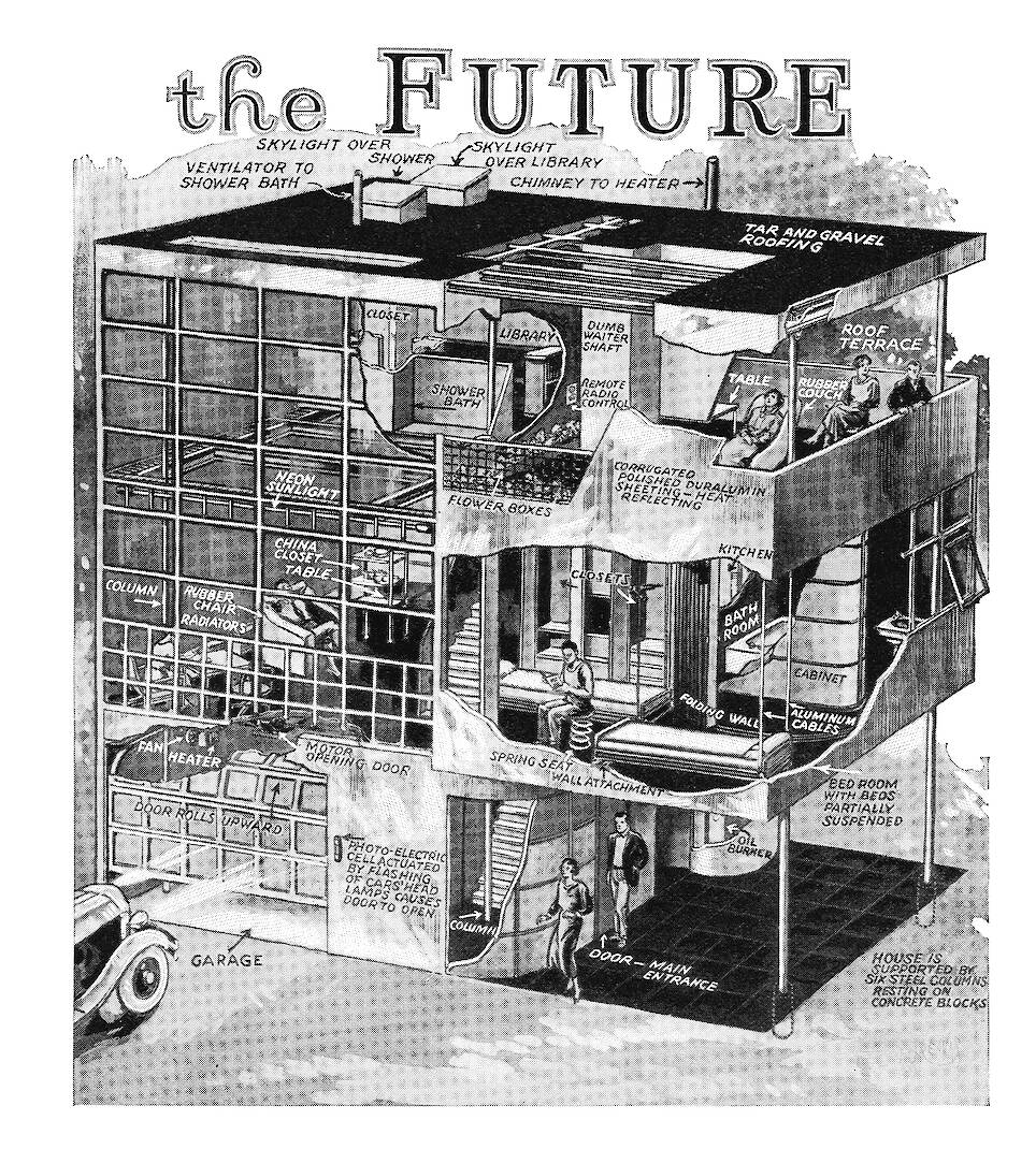 <p>A. Lawrence Kocher and Albert Frey (architects) and Logan U. Reavis (illustrator), “The Home of the Future” cutaway illustration of Aluminaire House, in Popular Mechanics