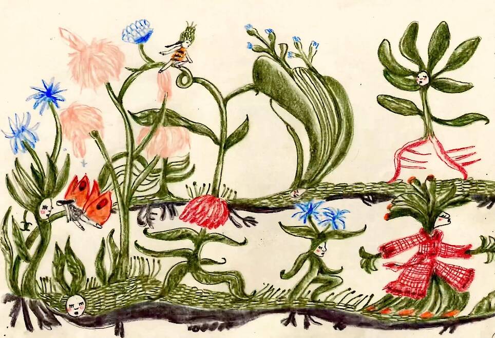 small, green plant-like creatures walk along a wine