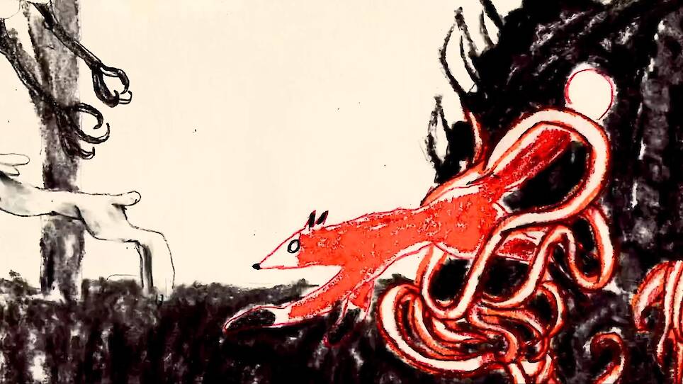 a fox's legs turn to meandering wire-like lines as it crawls after a bunny