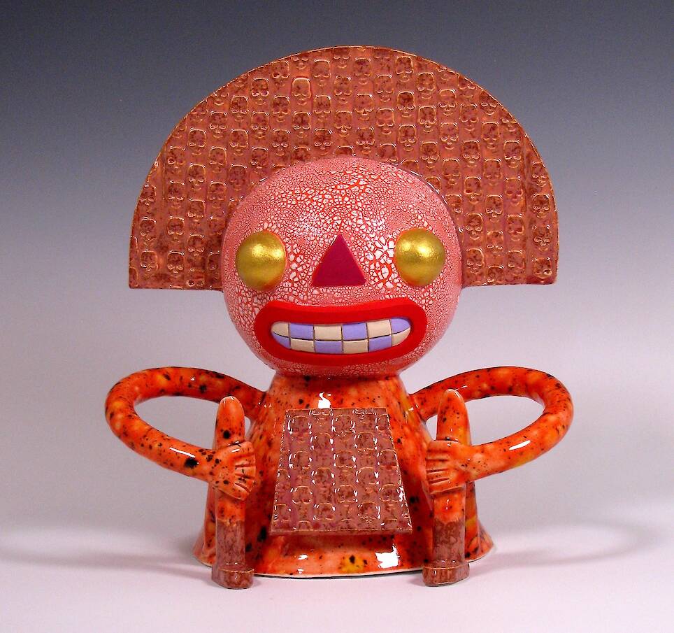 “Fiery Phineas and His Tablet of Doom” (2026), glazed ceramic, 10.5 x 9 x 7 inches