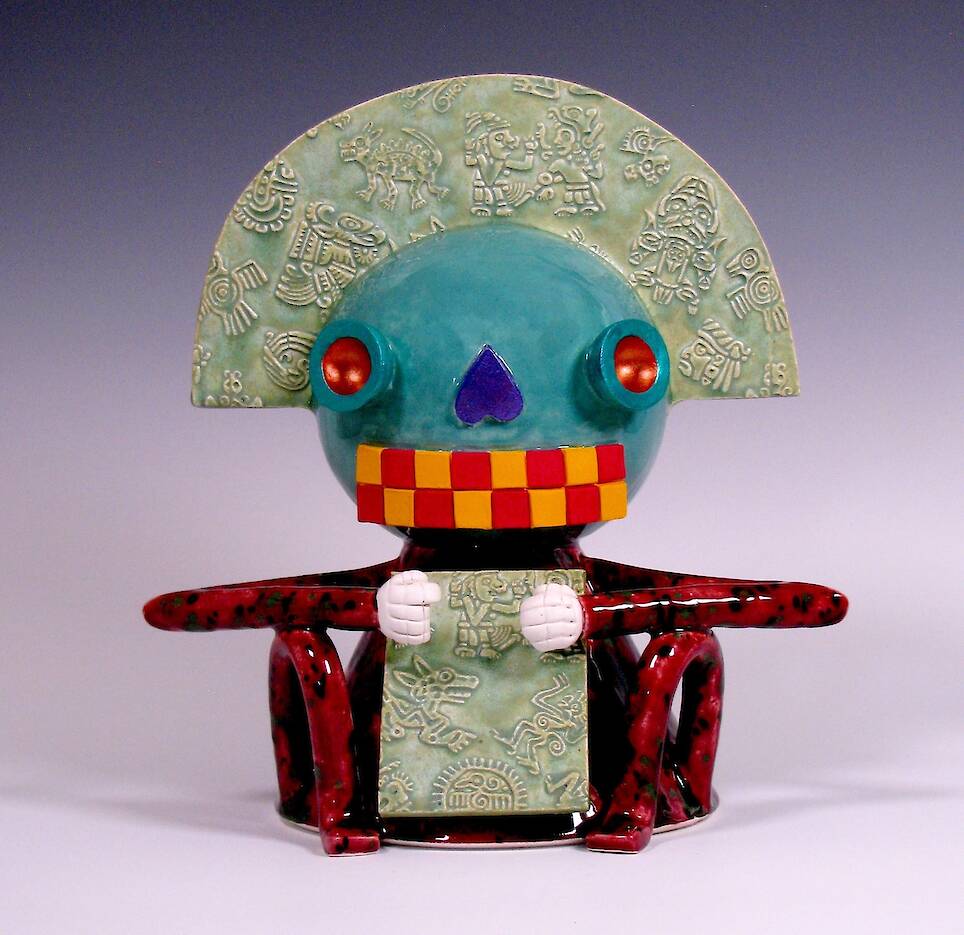 “Mayan Max and His Pre-Colo iPad” (2026), glazed ceramic, 10.5 x 9 x 7 inches