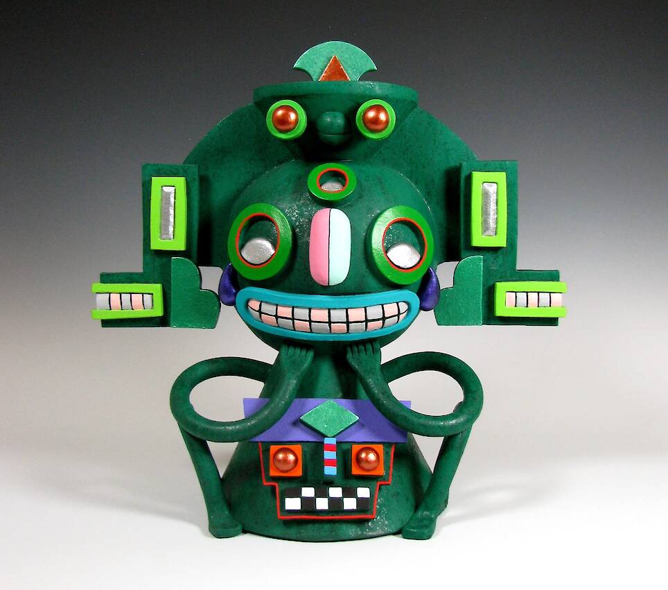 “The Malachite Mage” (2026), ceramic with acrylic and metallic paint, 14 x 14 x 7 inches