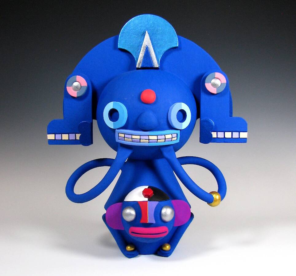 “The Sapphire Sage” (2026), ceramic with acrylic and metallic paint, 16 x 12.5 x 7 inches