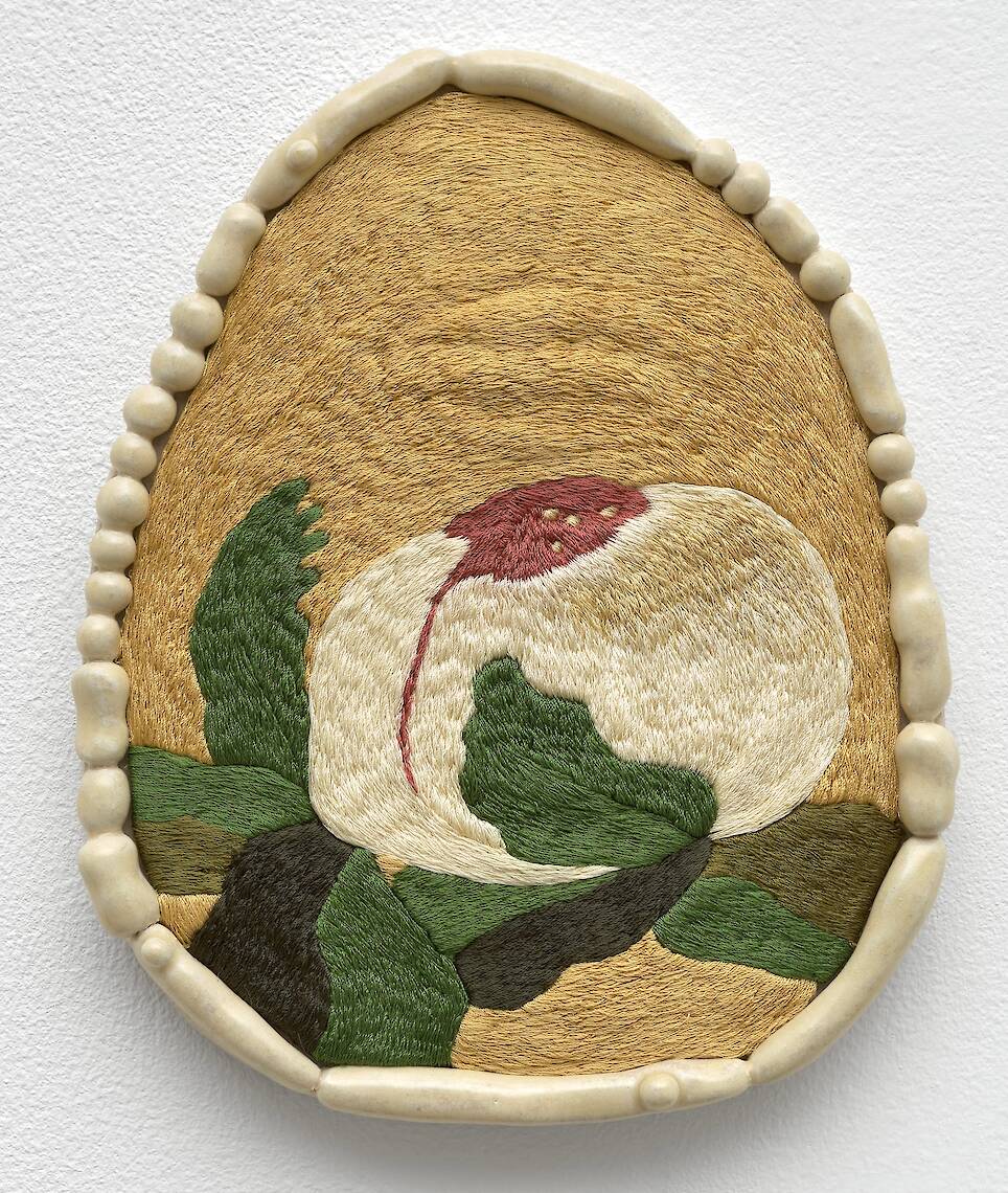 “Shivers, Quivers and Silence” (2026), viscose thread embroidery and ceramic, 17 x 21 centimeters