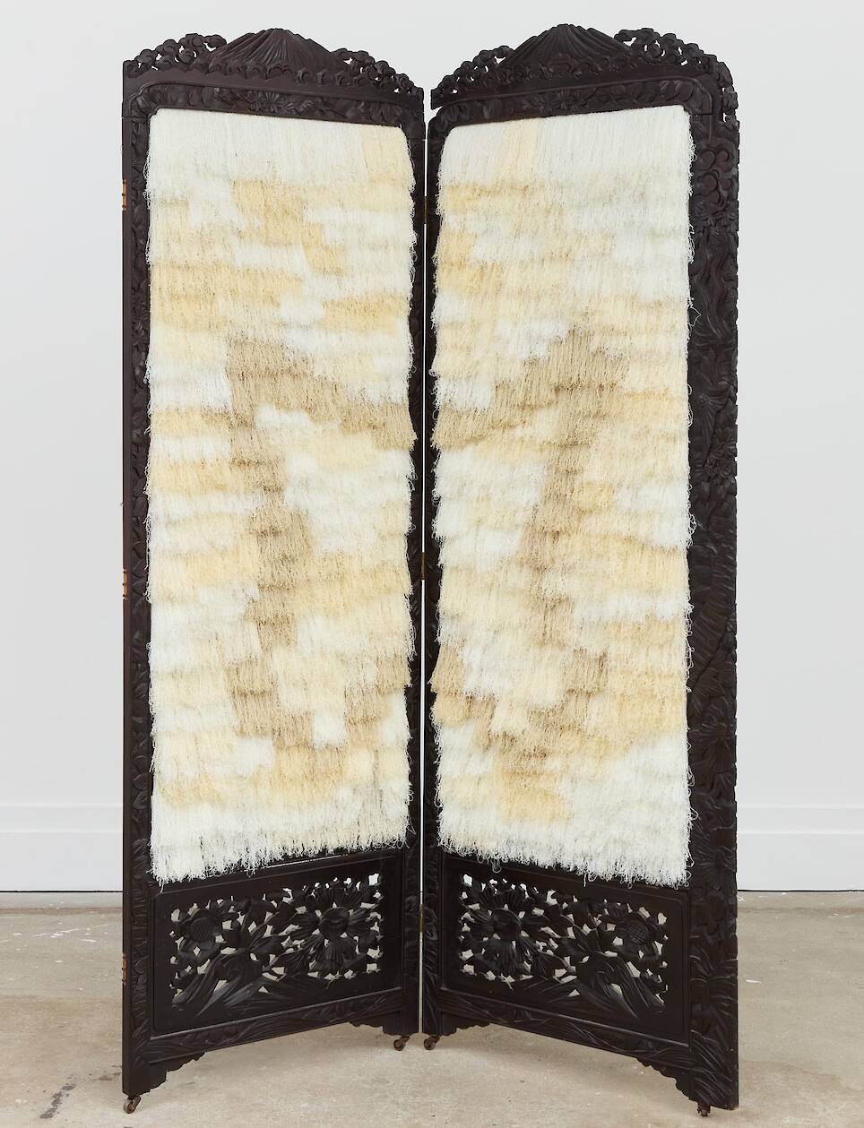 “Oneiric Vessel” (2025), viscose thread embroidery and wood frame, 182 x 60 x 4 centimeters (each panel)