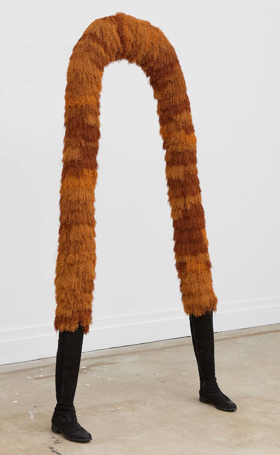 “For Those Who Wade” (2025), viscose thread embroidery, suede boots, and stainless steel rod, 190 x 100 x 16 centimeters