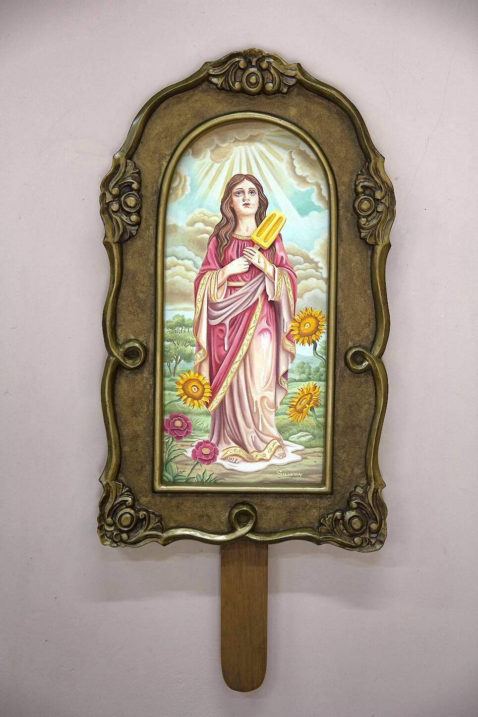 “My God Is the Sun” (2026), oil painting on hand-carved wood panel, 40 x 90 centimeters