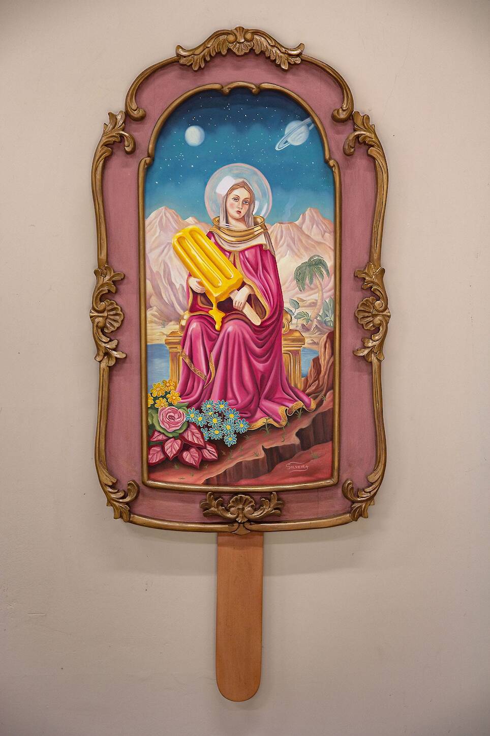 “Multiverse Is My Backyard” (2026), oil painting on hand-carved wood panel, 50 x 105 centimeters