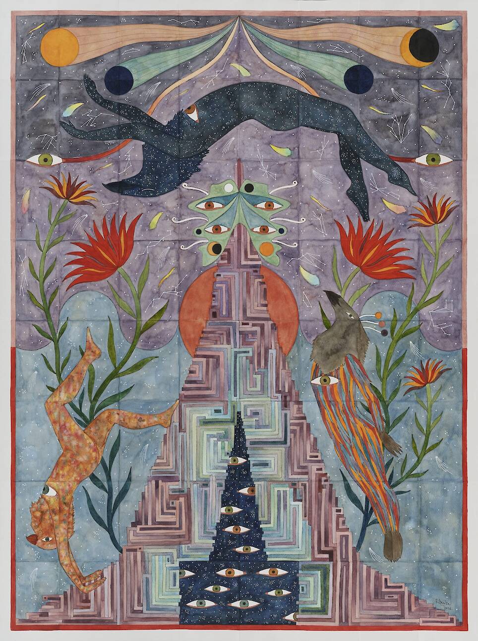 a fantastical painting featuring hybrid creatures in a surreal, symmetrical tableaux